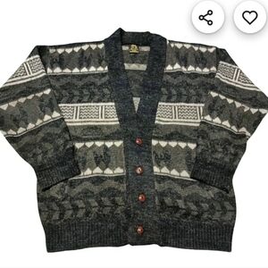 Tejidos Ruminahui V-neck Black/gray/white Knitted Woll   Cardigan Vintage Sz XL